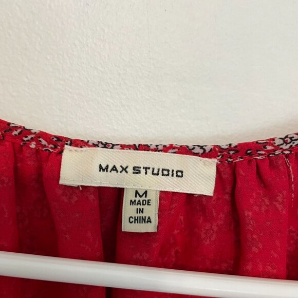 MAX STUDIO Georgette Elbow Sleeve Cold Shoulder Blouse Red White Floral Boho Top - Picture 7 of 16